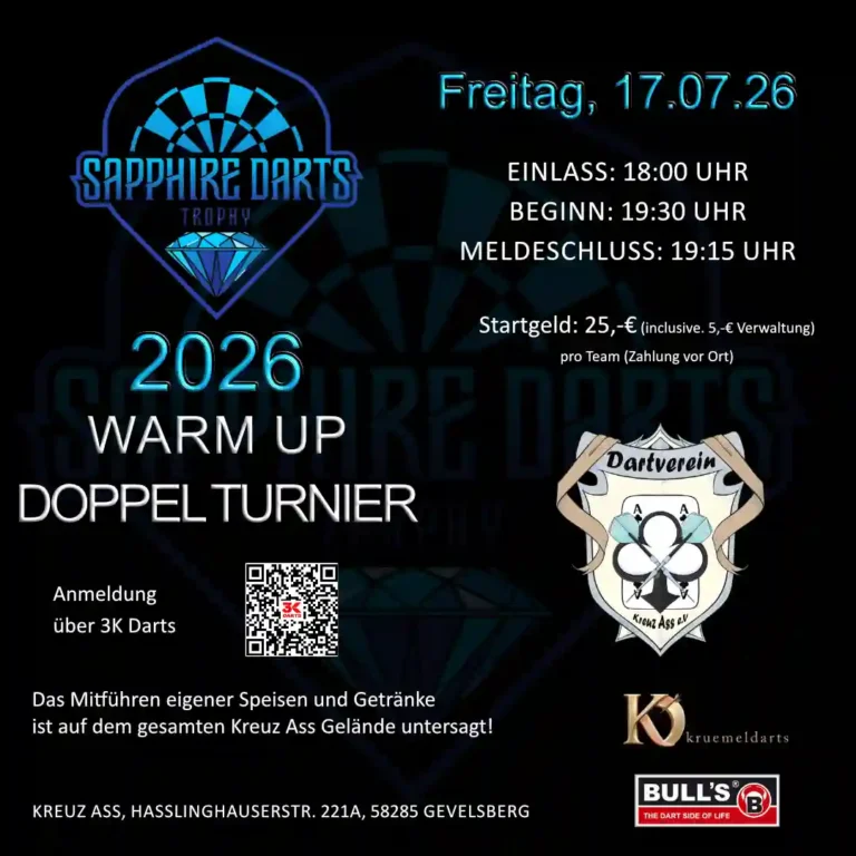 Plakat zum Warm Up Doppel zur Sapphire Darts Trophy 2026